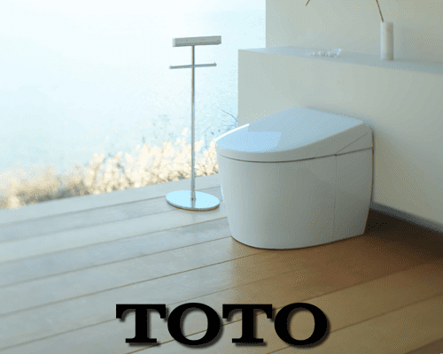 Image of modern looking bathroom showcaing TOTO Neorest WC on wooden flooring and glass windows